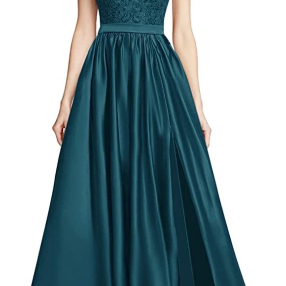 Women's Lace Prom Dresses Long Satin Slit Formal Evening Gowns with Pockets - Picture 2 of 4